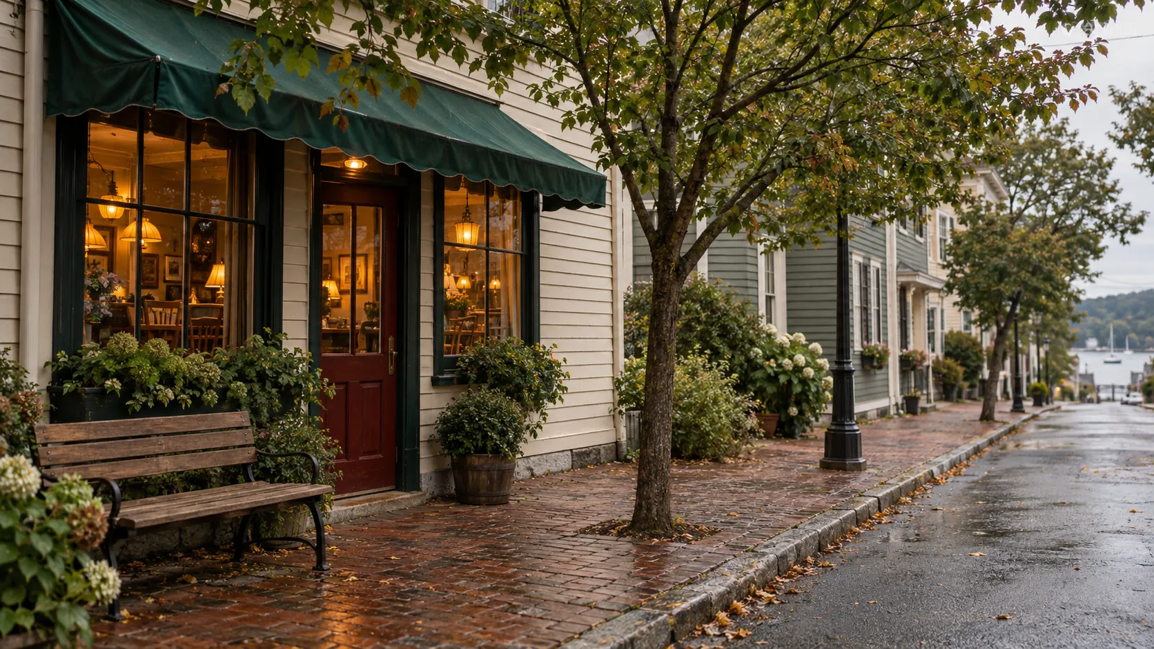 Illustrative village street in summer: a shop doorway, a wooden bench, leafy trees and houses along a wet street.