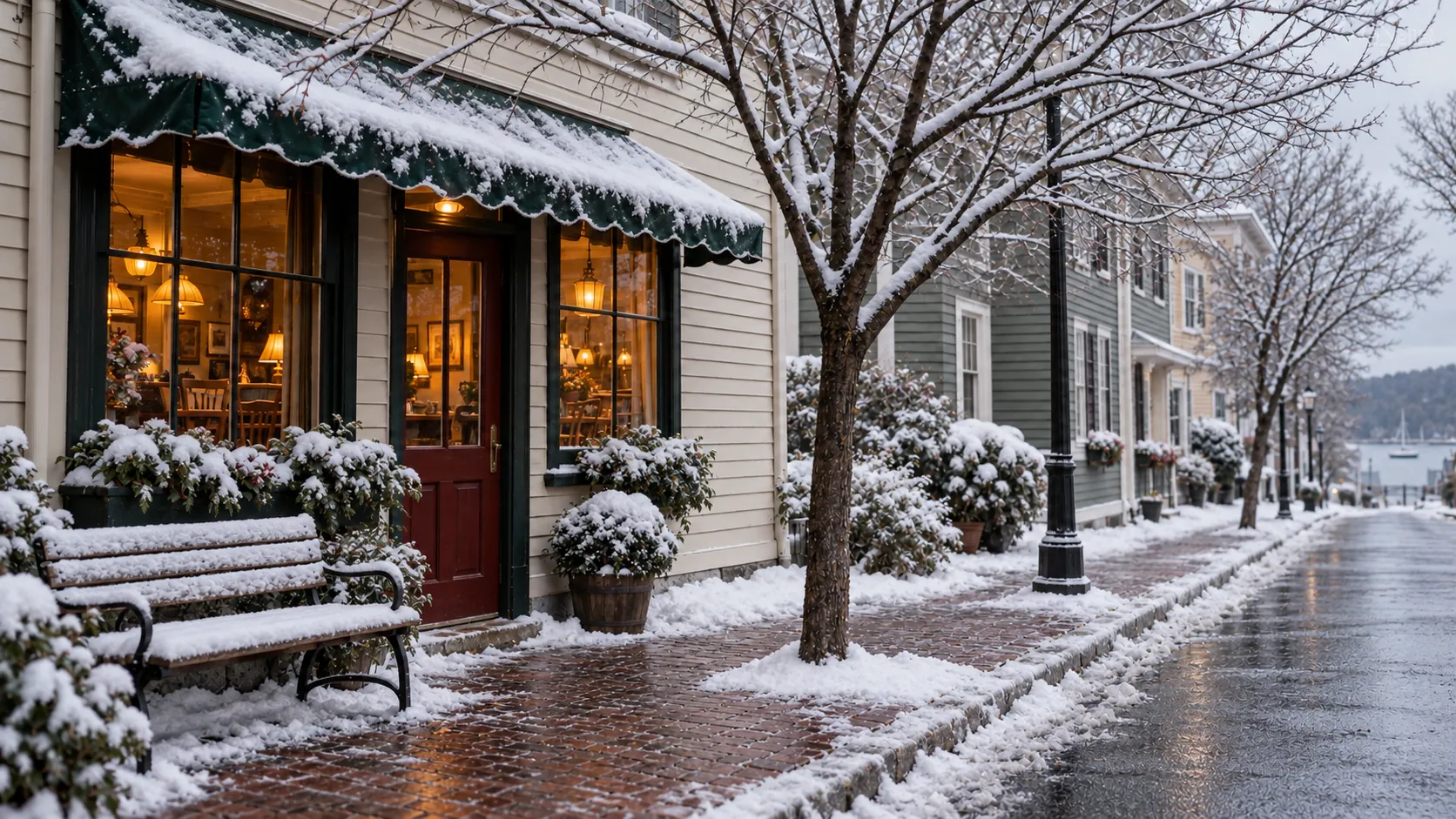 The same illustrative village street in winter: snow on the awning, bench, shrubs, trees and sidewalk.